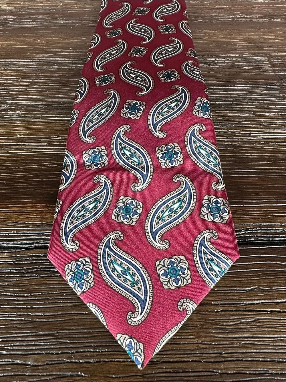 Pierre Balmain Red Paisley Silk Tie with Blue and Cream Accents
